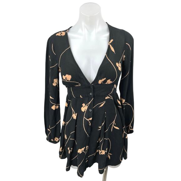 Billabong Black Beige Your Love Floral Long Sleeve Button-Up Skater Mini Dress S - Picture 1 of 5
